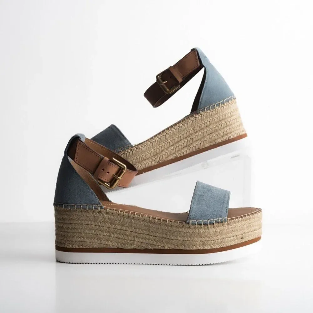 See By Chloe Womens Glyn Blue Suede Platform Espadrille Sandals US 10 EU 40 New